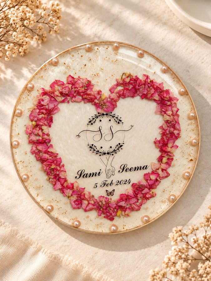 Rose petals preserved in a handmade resin heart frame